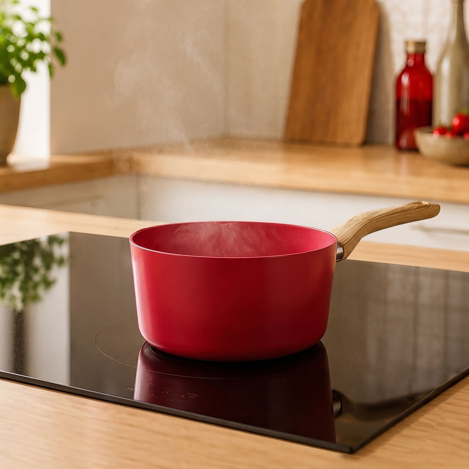 Casserole Colorama 16 cm rouge vif avec poignée bois sur plaque induction, vue détail ambiance cuisine moderne