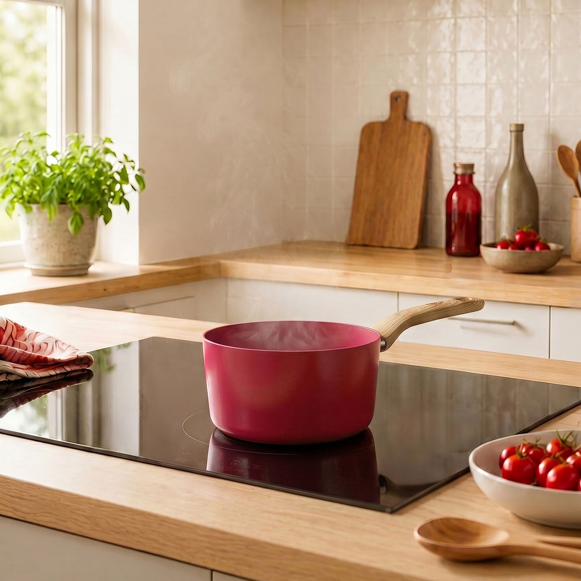 Casserole Colorama 18 cm rose sur plaque induction, manche bois, ambiance cuisine moderne avec tomates cerises