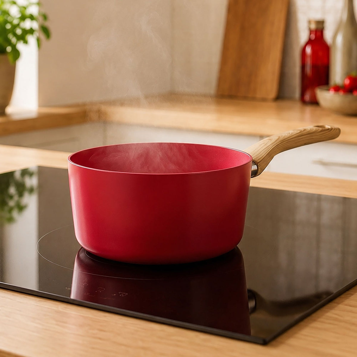 Casserole Colorama rouge 18 cm avec manche bois sur plaque induction dans cuisine moderne