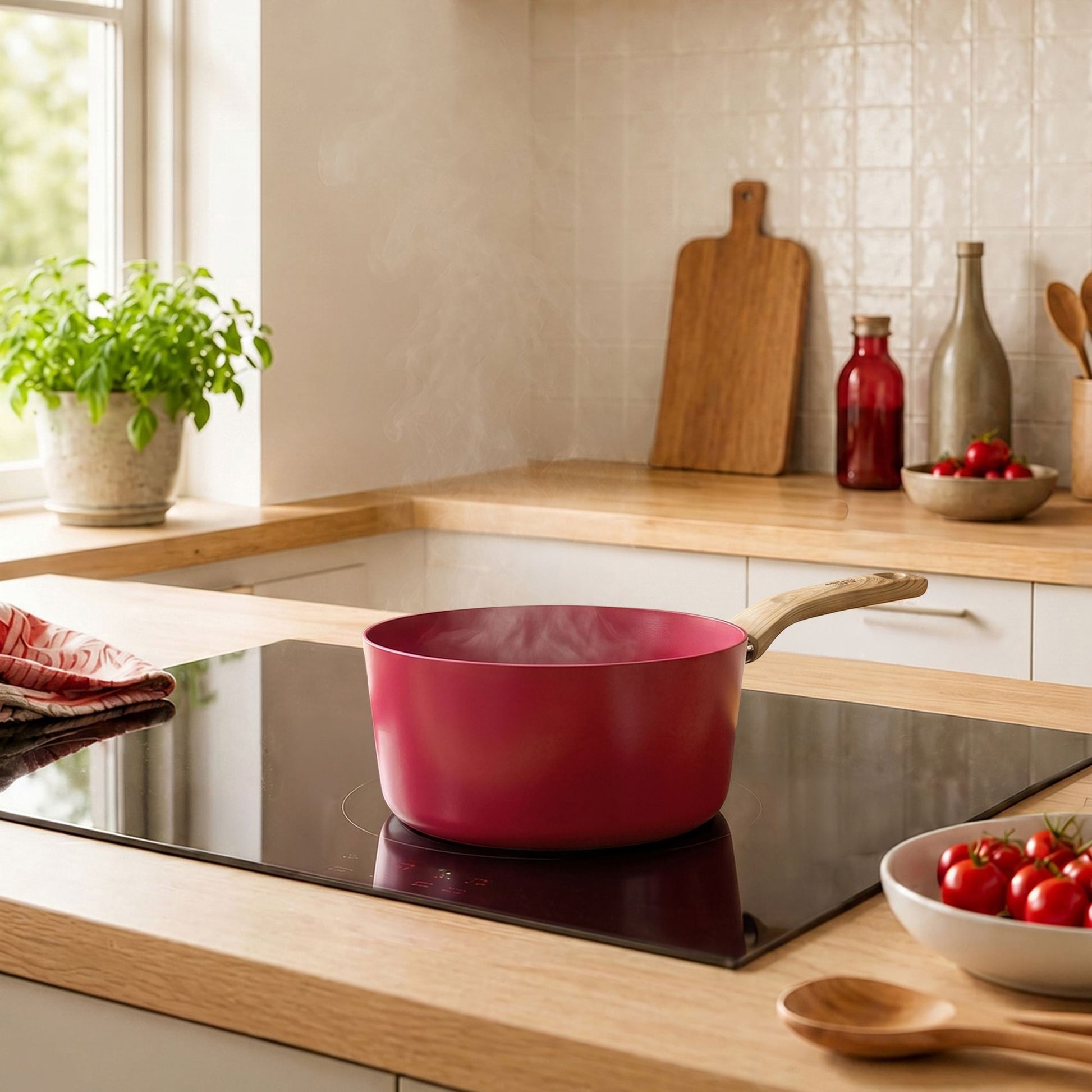 Casserole Colorama 20 cm rose bordeaux sur plaque induction, poignée bois, cuisine moderne avec tomatoes