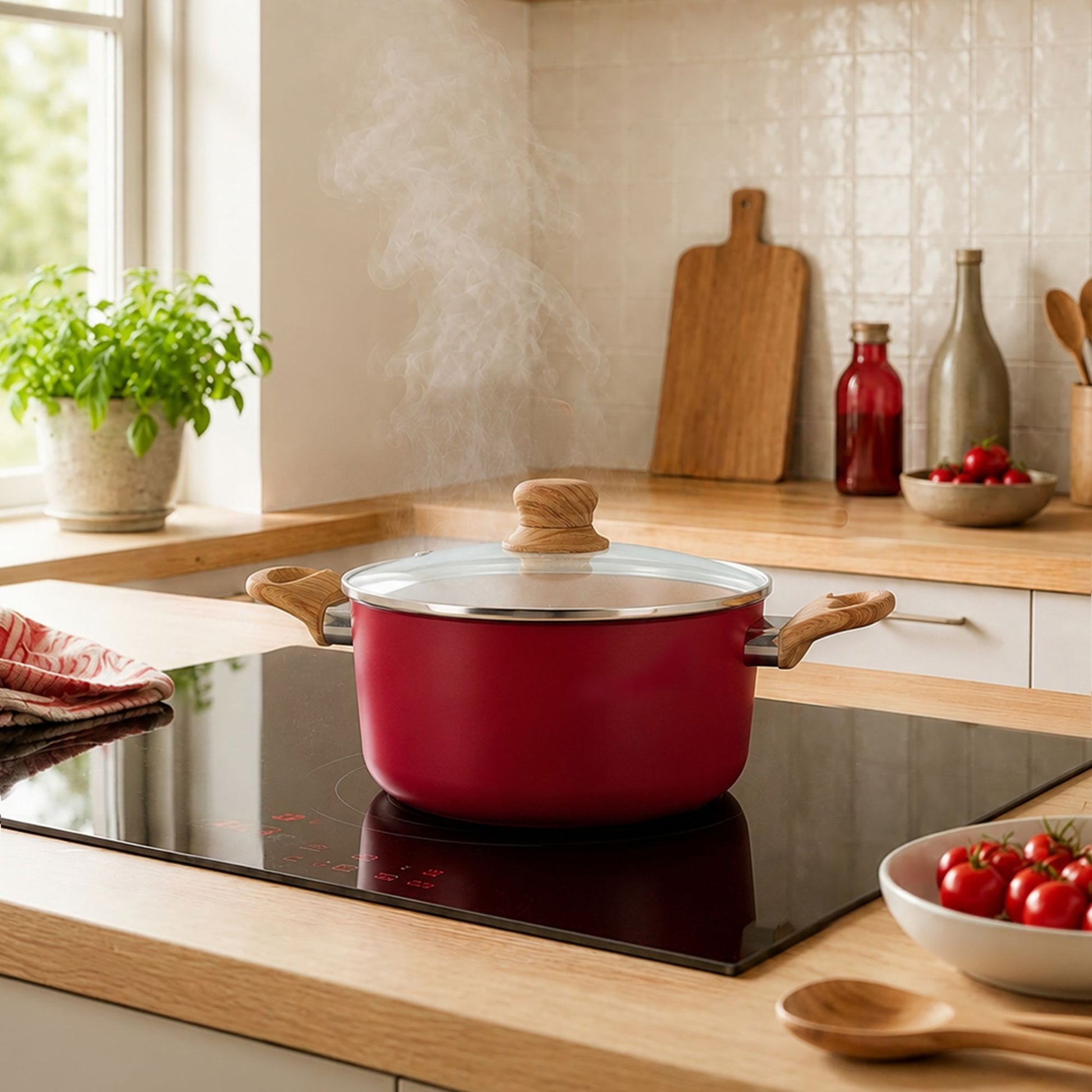 Faitout Colorama 20 cm rouge avec couvercle en verre et poignées bois, posé sur plaque à induction dans cuisine moderne