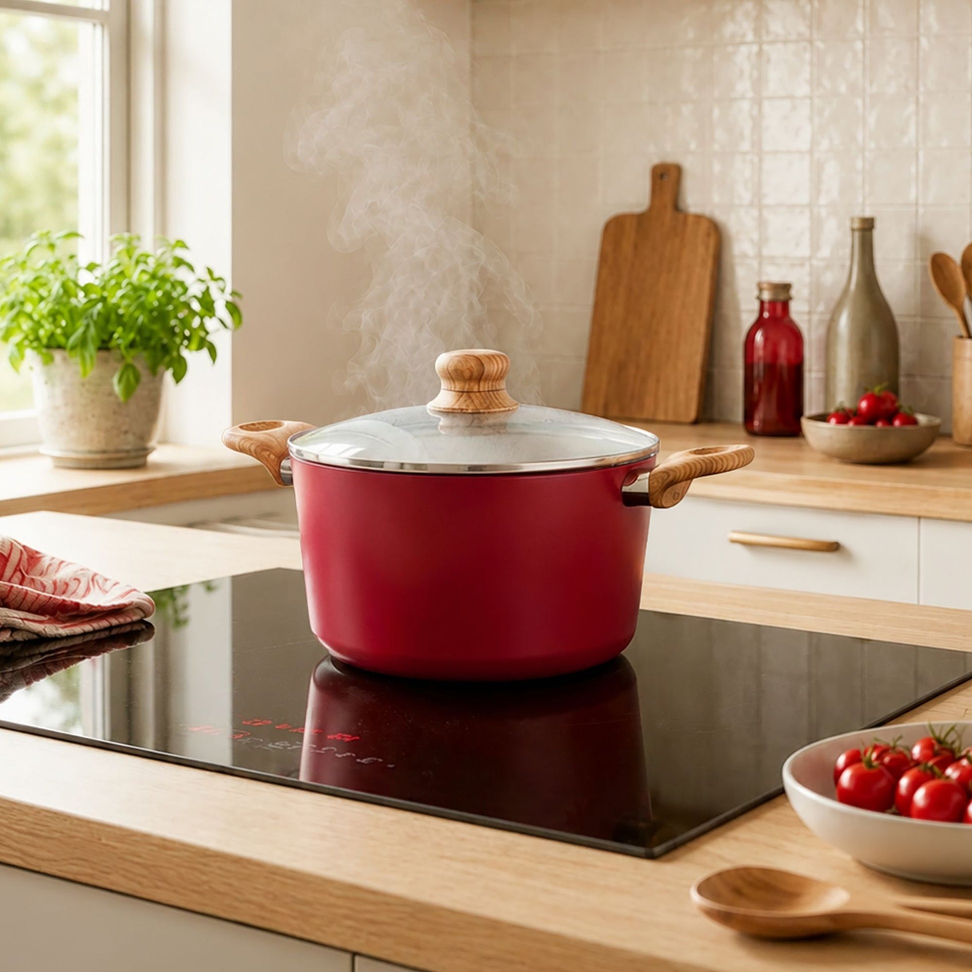 Faitout Colorama 24 cm rouge avec couvercle en verre et poignées bois, posé sur plaque à induction dans cuisine moderne