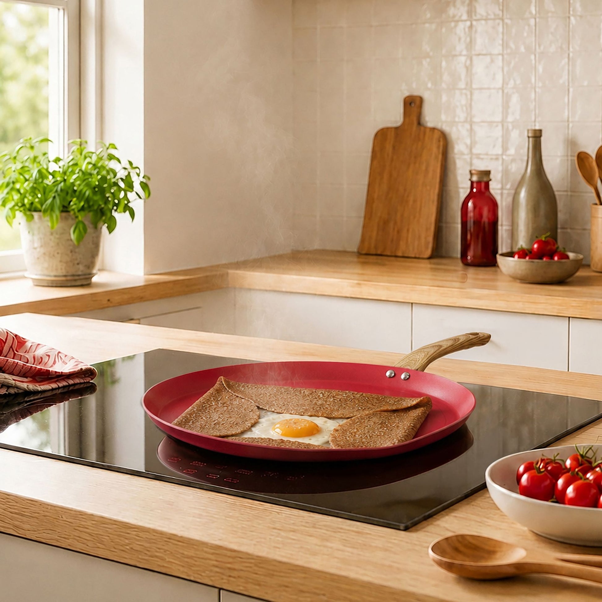 Galetière Colorama rouge 32 cm avec crêpe et œuf sur plaque induction, cuisine moderne bois clair
