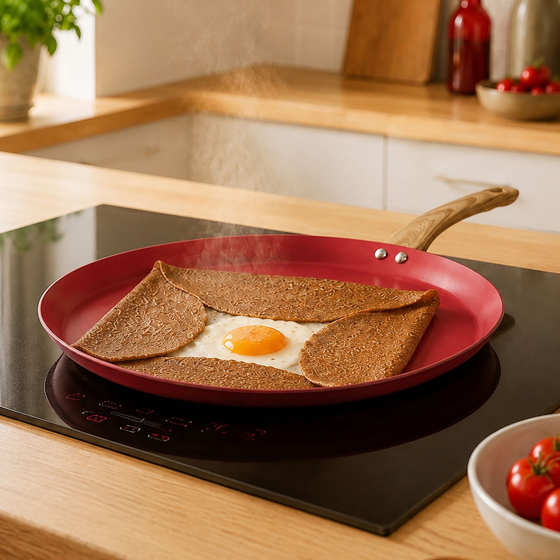 Galetière Colorama 32 cm rouge avec crêpe sarrasin et œuf, en cuisson sur plaque induction