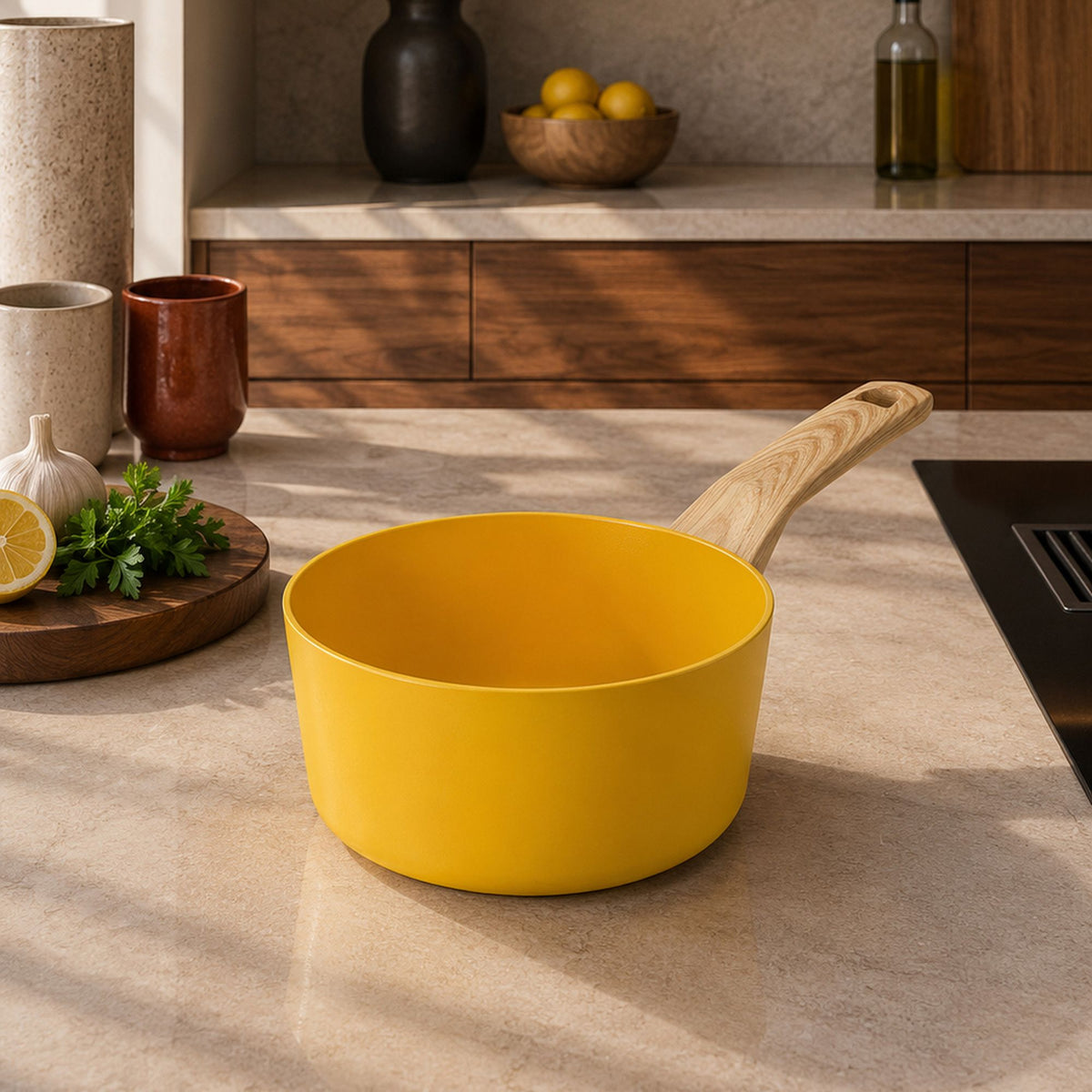 Casserole Colorama 16 cm jaune moutarde avec manche bois, posée sur plan de travail cuisine moderne