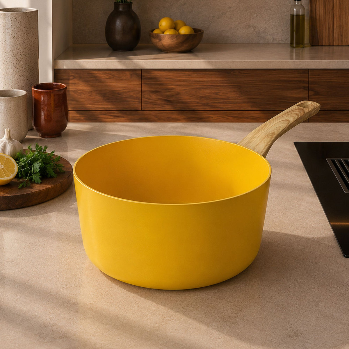 Casserole Colorama 18 cm jaune avec manche bois, posée sur plan de travail dans cuisine moderne