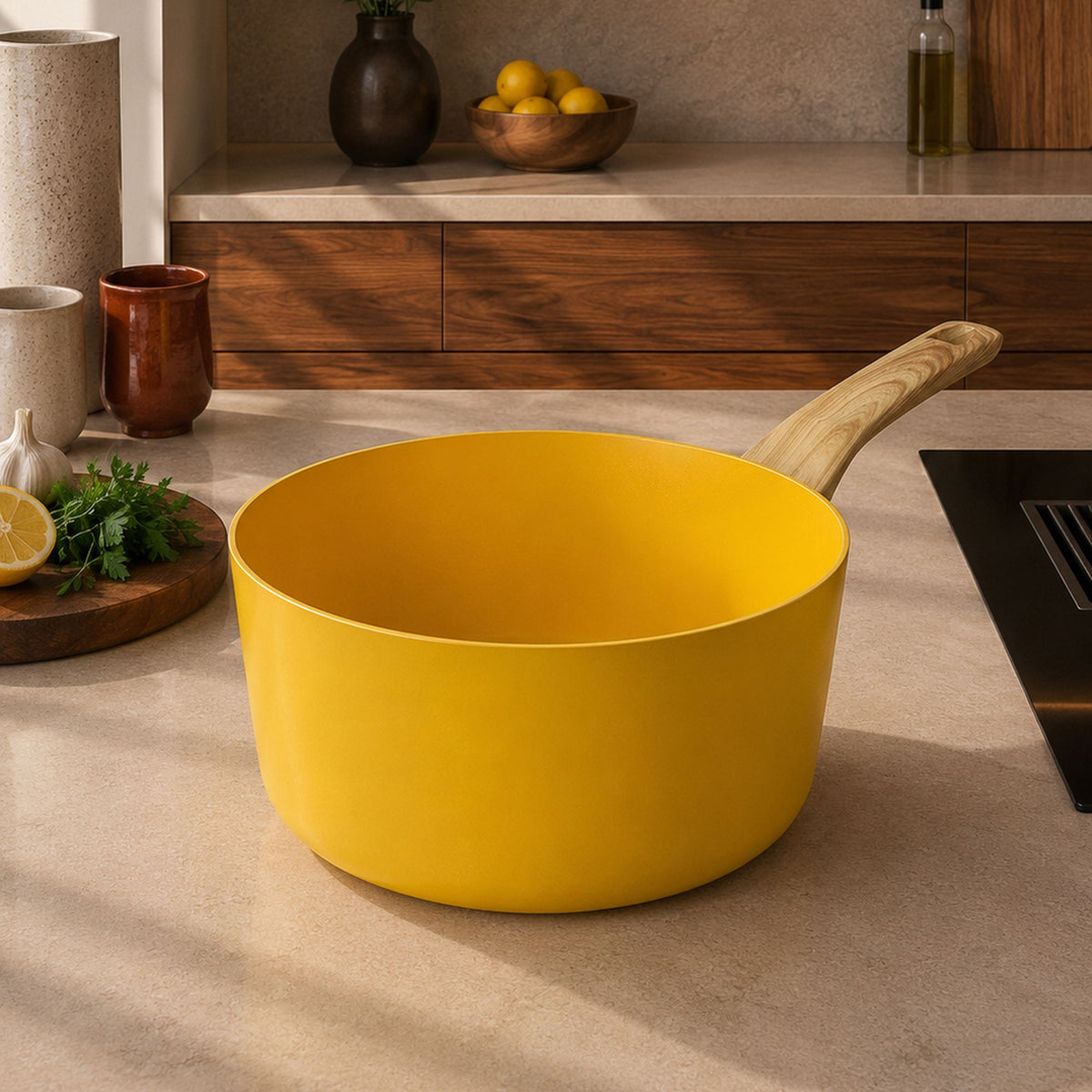 Casserole Colorama 20 cm jaune avec manche bois clair, posée sur plan de travail dans cuisine moderne