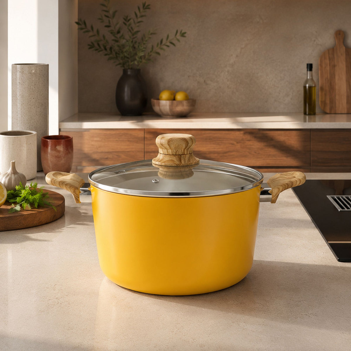 Faitout Colorama 24 cm jaune avec poignées bois et couvercle en verre, posé sur plan de travail cuisine moderne