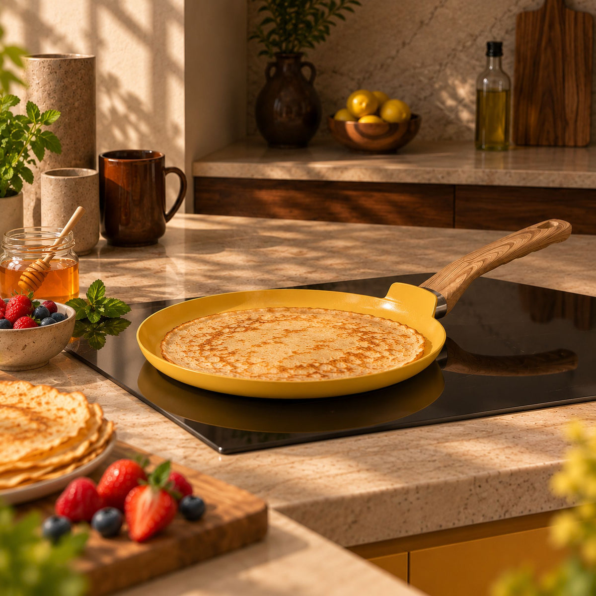Crêpière Colorama jaune 26 cm avec crêpe dorée, posée sur plaque à induction dans cuisine lumineuse