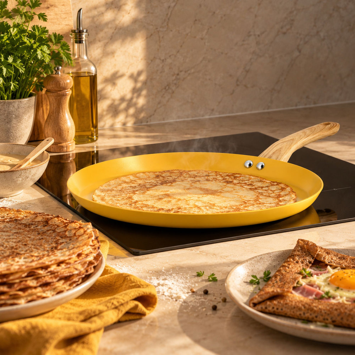 Galetière Colorama 32 cm jaune sur plaque induction avec crêpe en cuisson, ambiance cuisine moderne