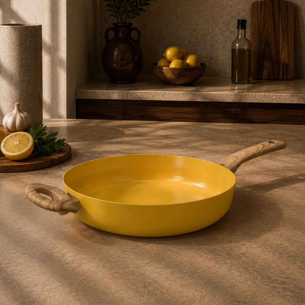 Poêle Colorama jaune moutarde avec manche bois, posée sur plan de travail cuisine méditerranéenne