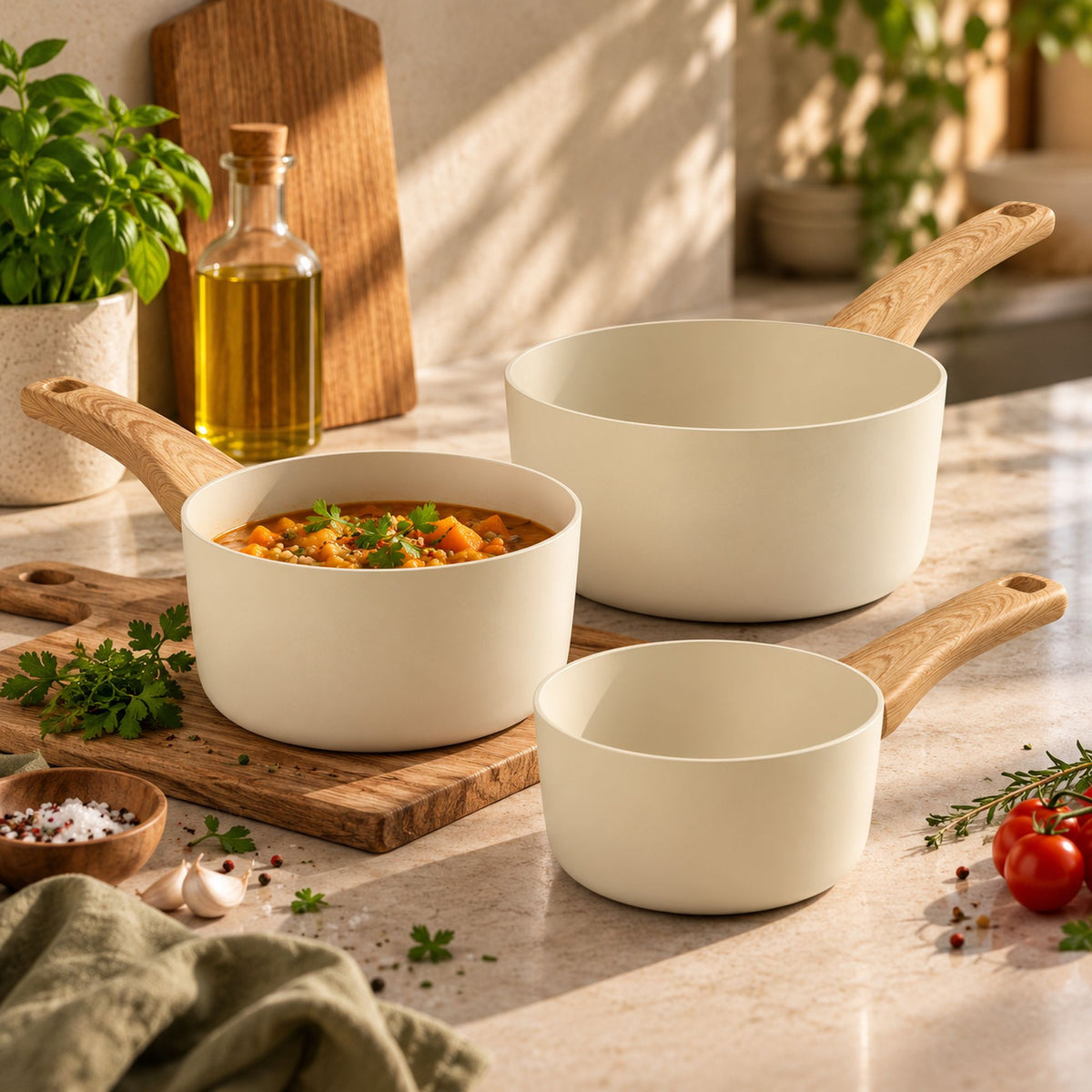 Trois casseroles Colorama céladon avec poignées bois disposées sur plan de travail, soupe aux légumes dans la plus petite
