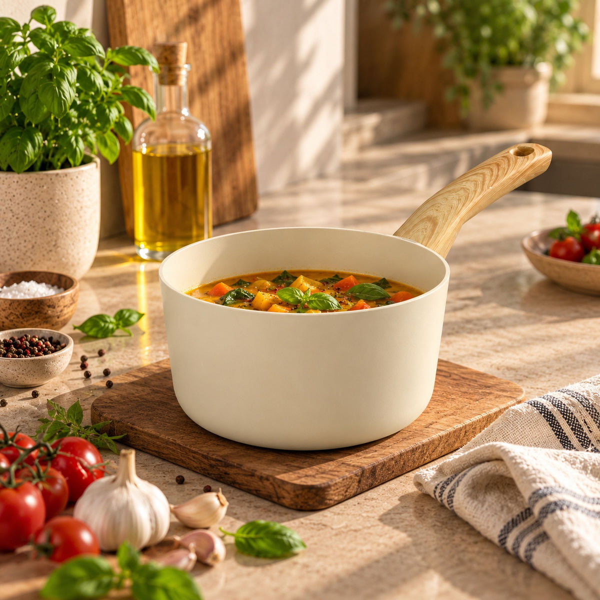 Casserole Colorama 20 cm blanche avec soupe de légumes colorés, posée sur planche bois dans cuisine lumineuse