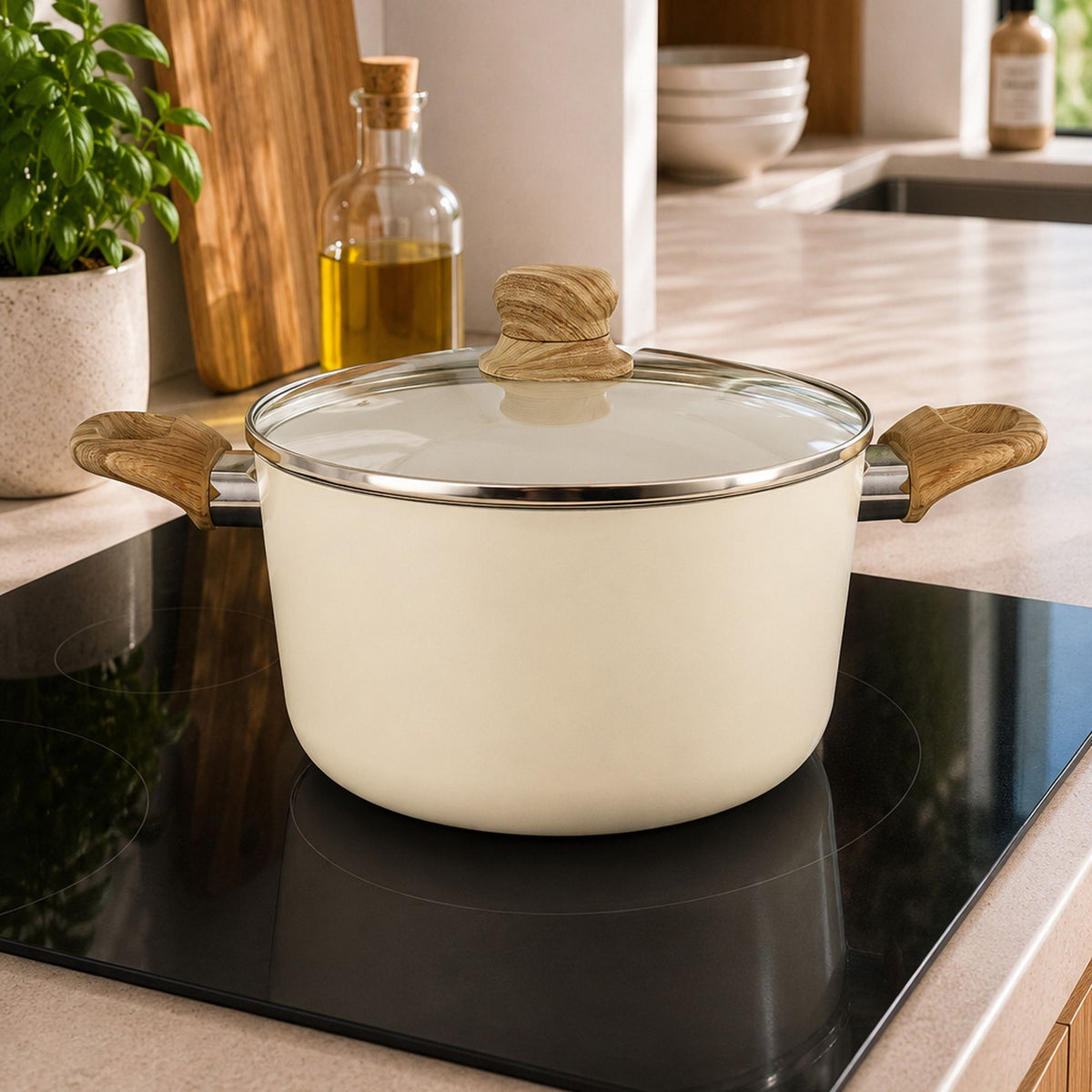 Faitout Colorama 20 cm beige avec couvercle en verre et poignées bois, posé sur plaque induction dans cuisine moderne