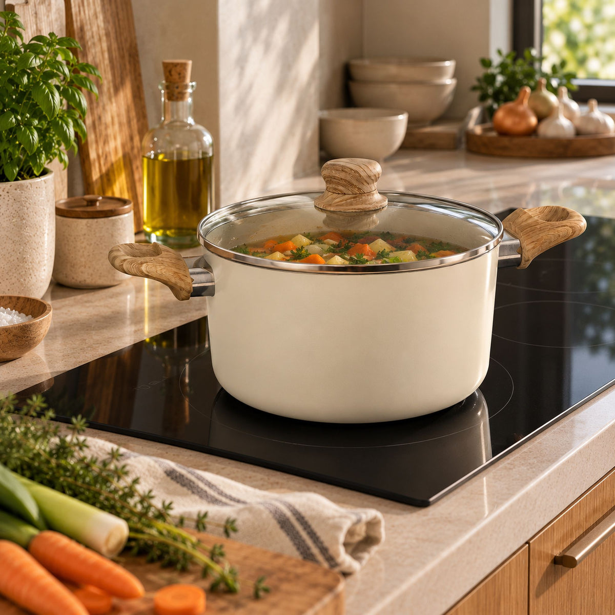 Faitout Colorama 24 cm beige avec couvercle en verre et poignées bois, posé sur plaque induction dans cuisine moderne