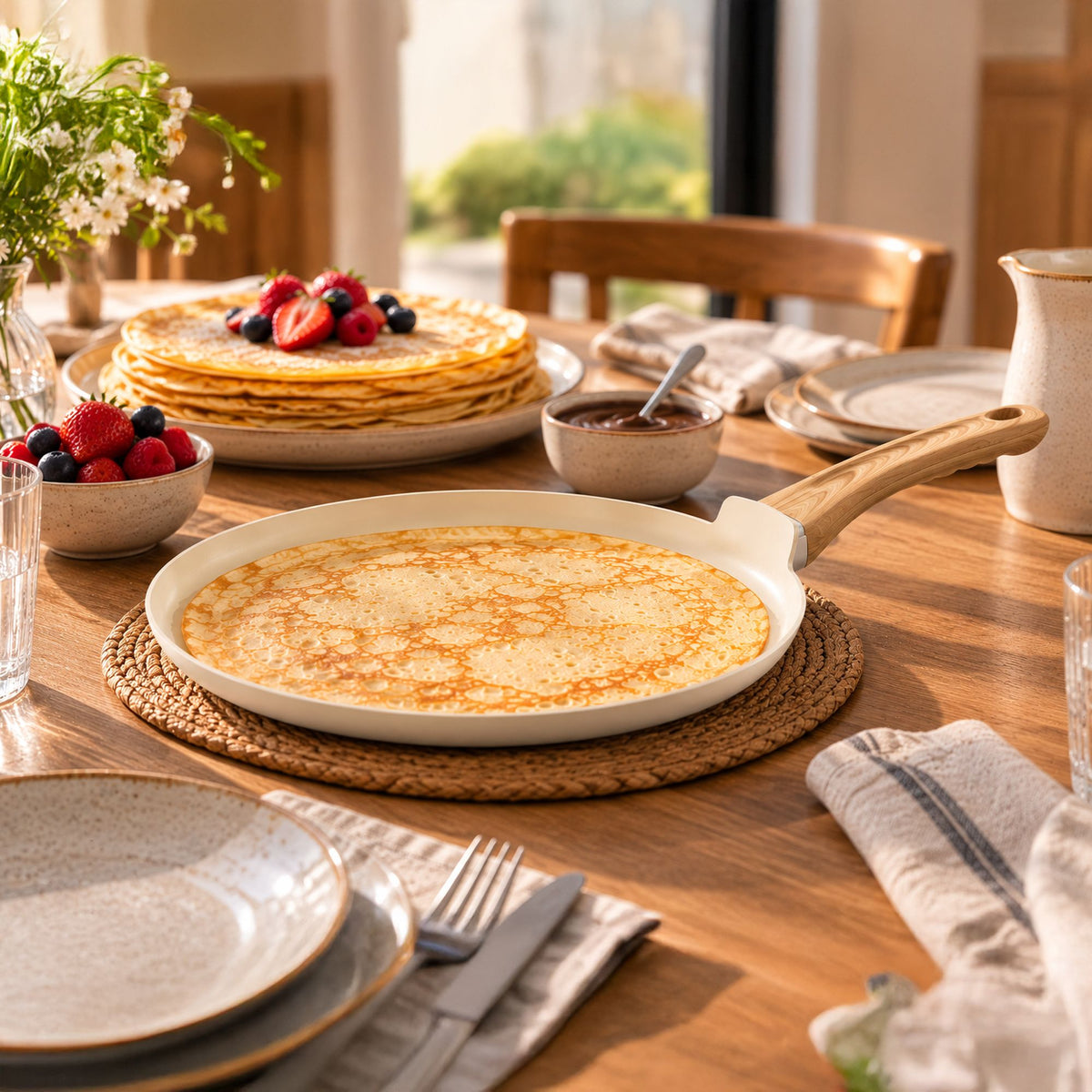 Table dressée avec crêpe dorée dans poêle Colorama céladon, accompagnée de fruits rouges et pile de crêpes empilées