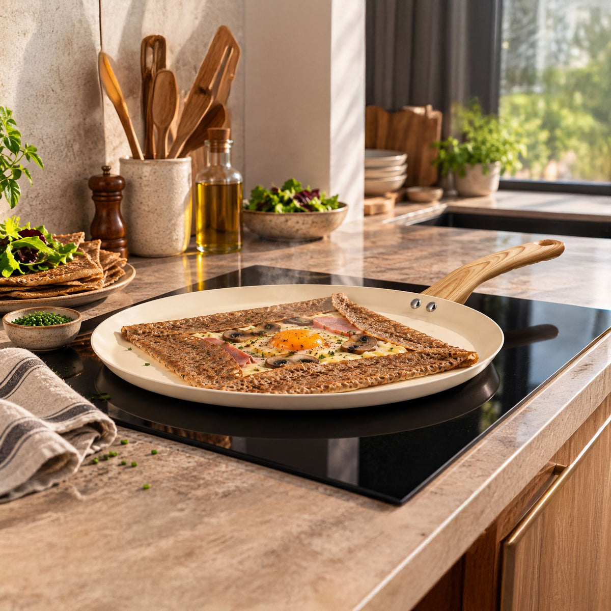 Galetière 32cm avec crêpe de sarrasin garnie d'un œuf, dans cuisine moderne avec déco bois naturel