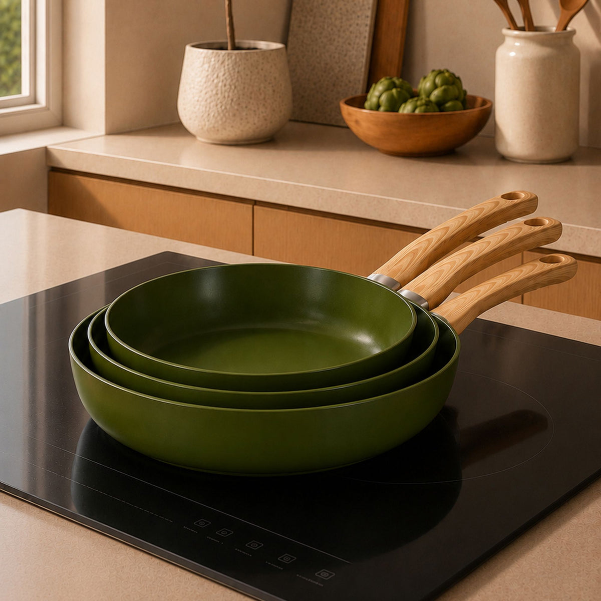 Set de 3 poêles Colorama céladon avec manches bois empilées sur plaque induction, cuisine moderne