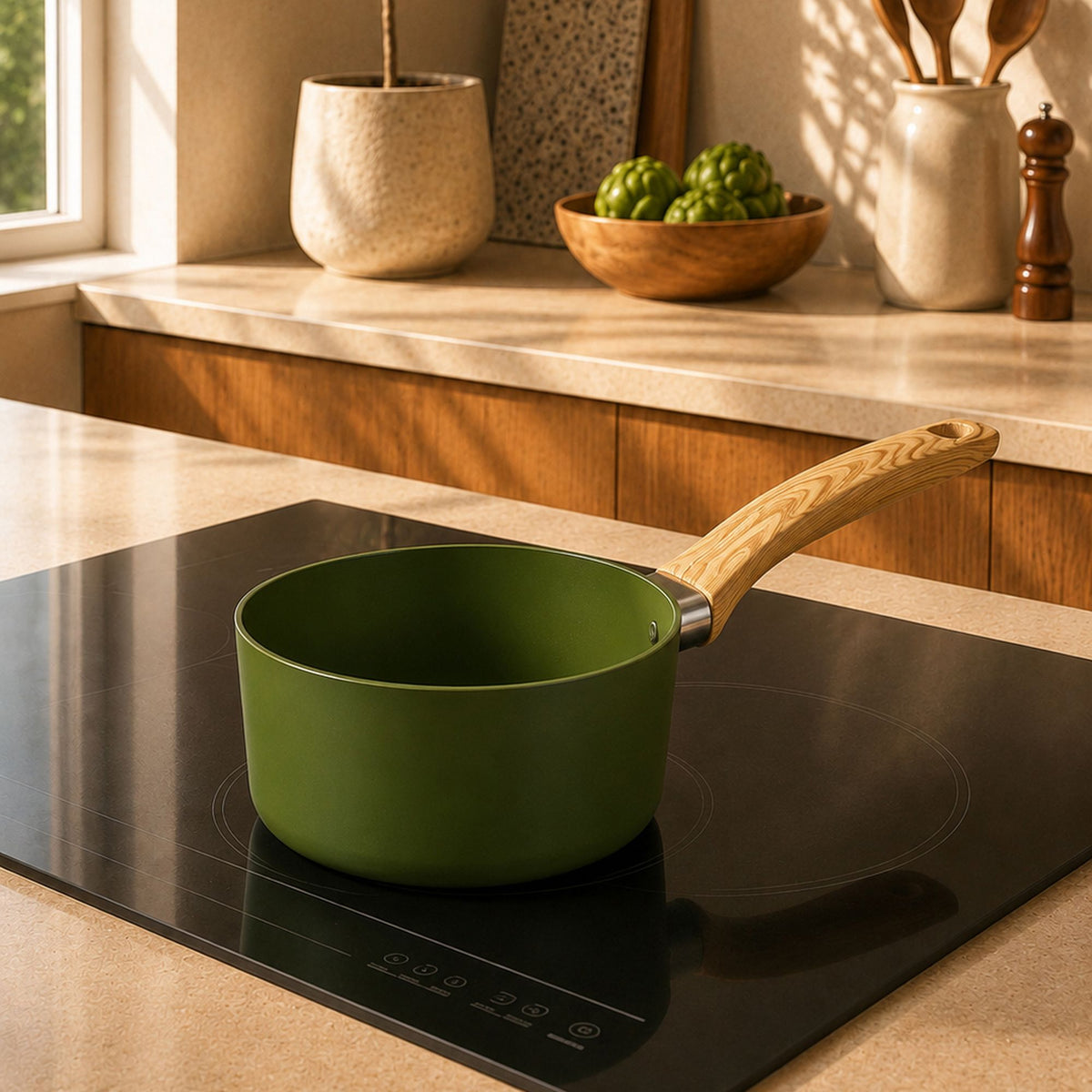 Casserole verte Colorama avec manche bois posée sur plaque induction dans cuisine moderne aux tons naturels