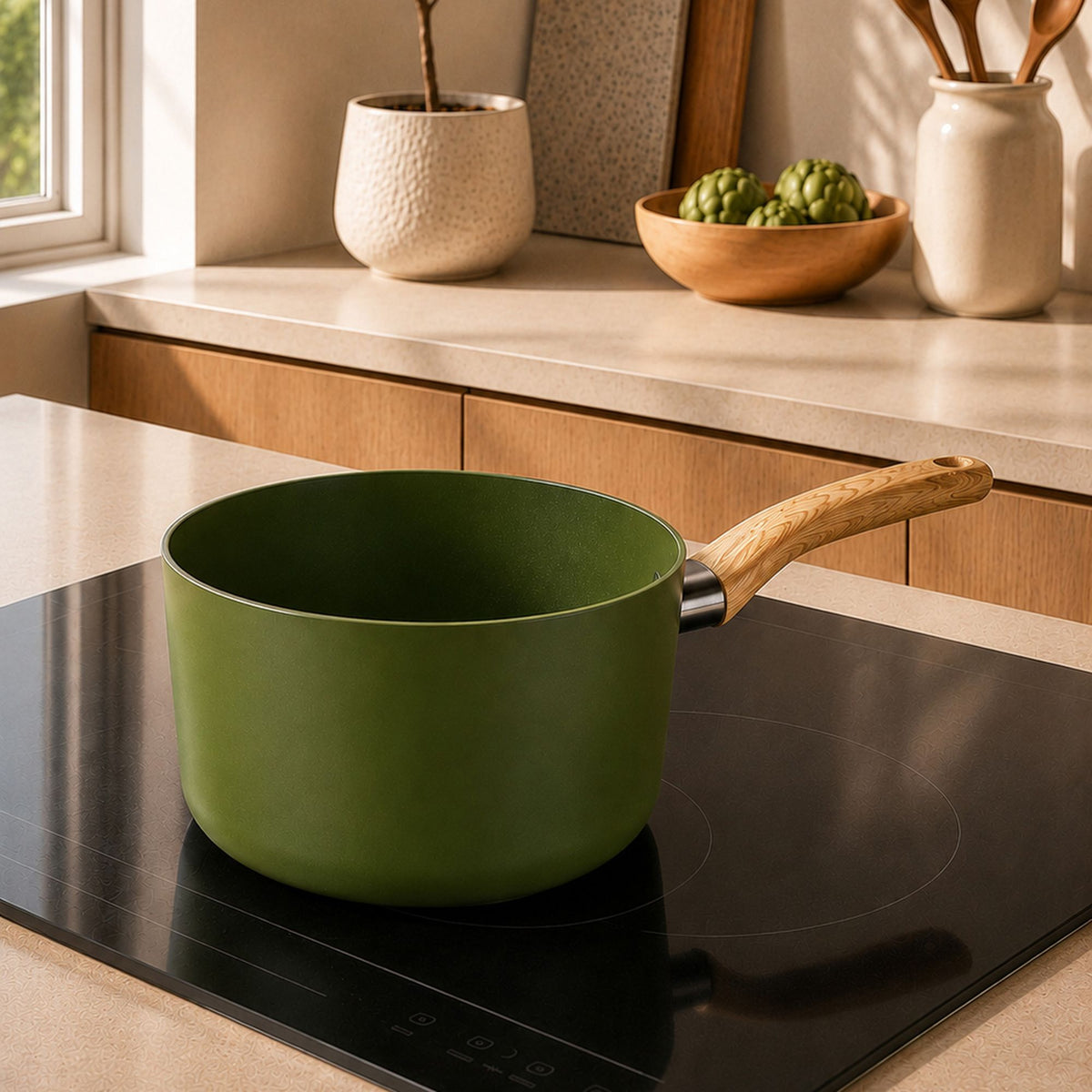 Casserole Colorama 18 cm verte avec manche bois sur plaque induction dans cuisine moderne