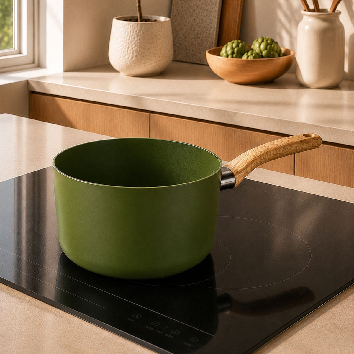 Casserole Colorama 20 cm verte avec manche bois posée sur plaque induction dans cuisine moderne