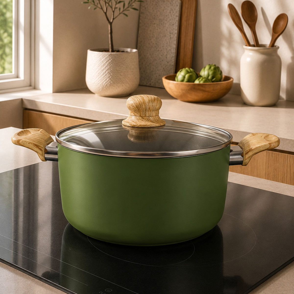 Faitout Colorama 20 cm vert olive avec couvercle verre et poignées bois, posé sur plaque induction dans cuisine moderne