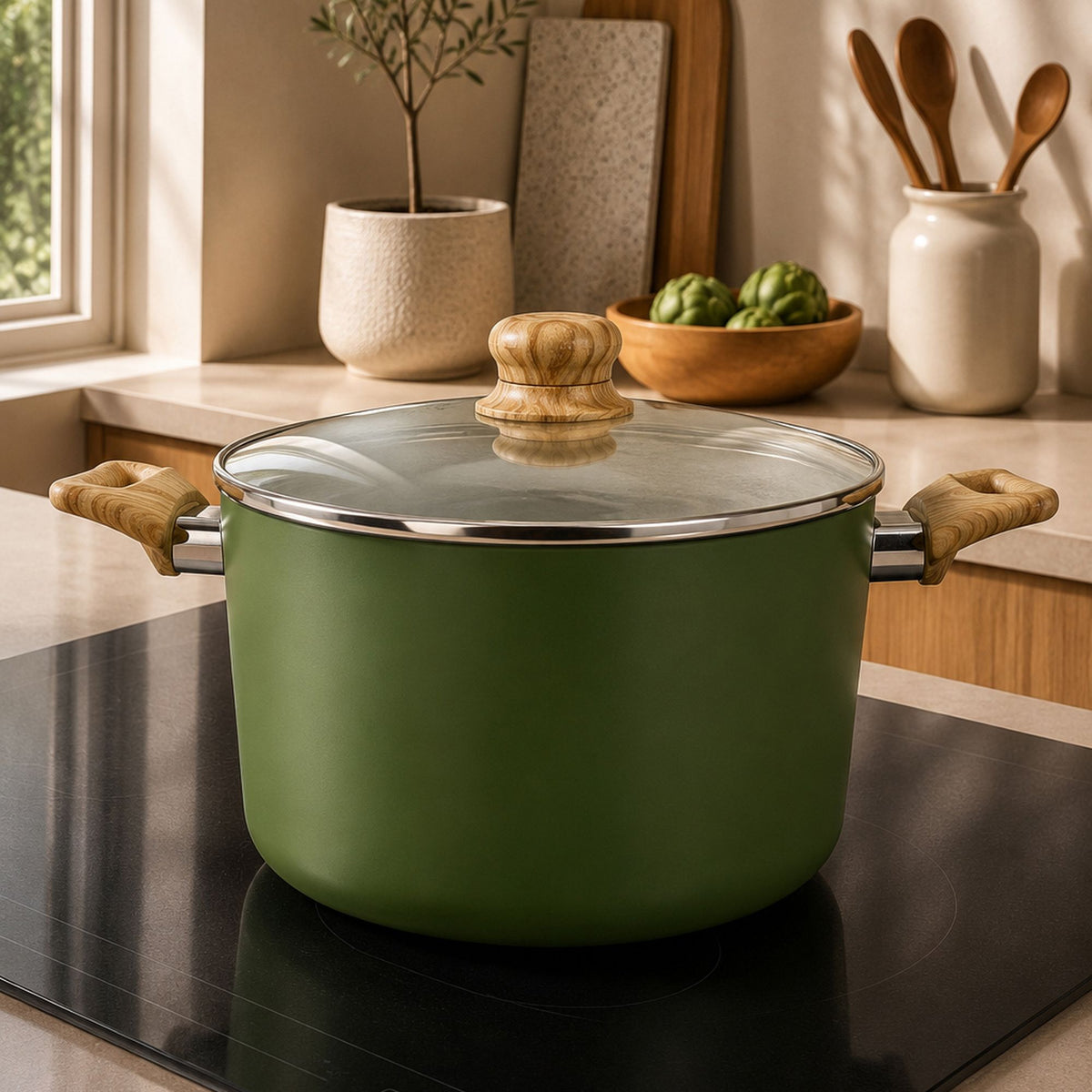 Faitout Colorama 24 cm vert olive avec couvercle verre et poignées bois, posé sur plaque induction dans cuisine moderne