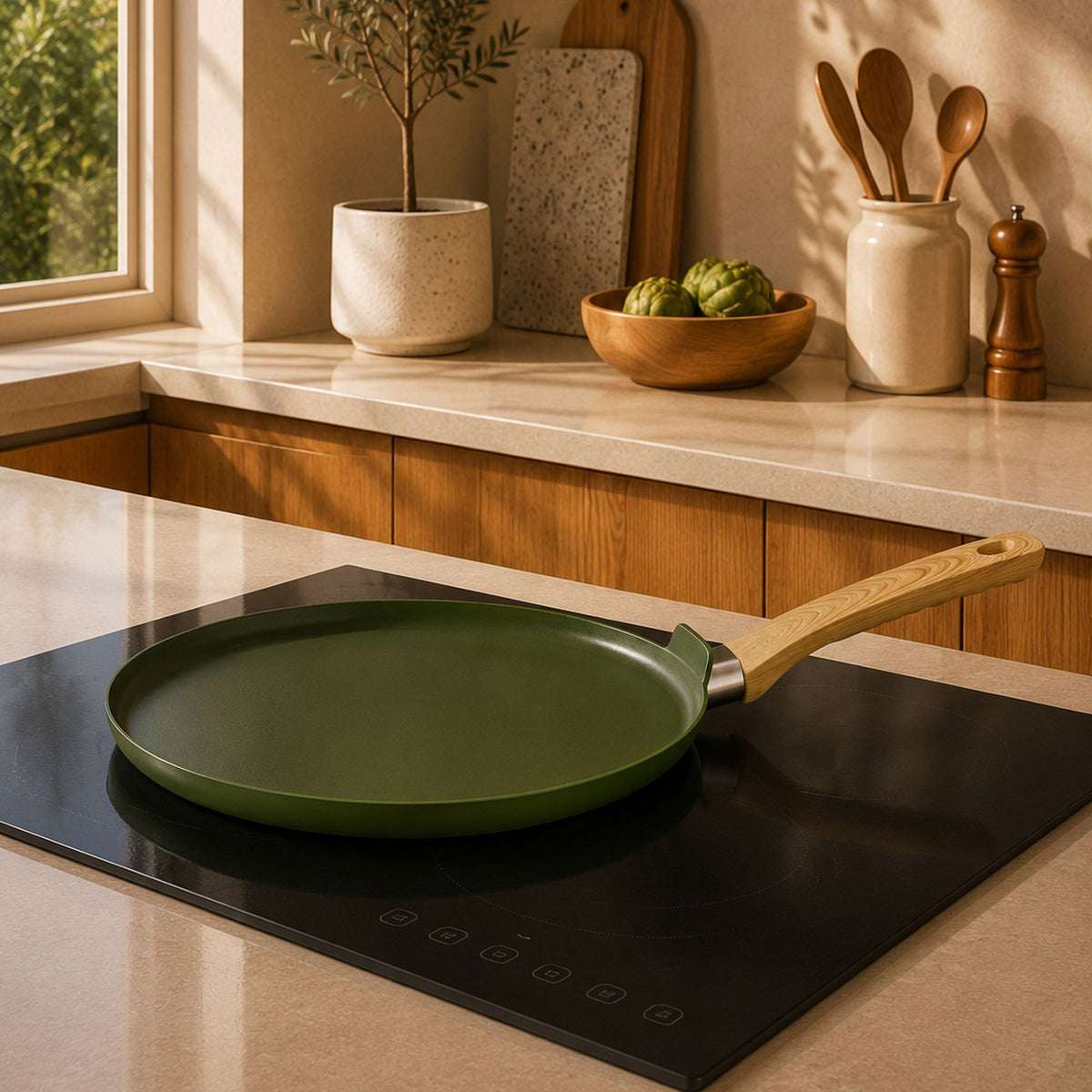 Crêpière Colorama 26 cm verte avec manche bois posée sur plaque induction dans cuisine moderne