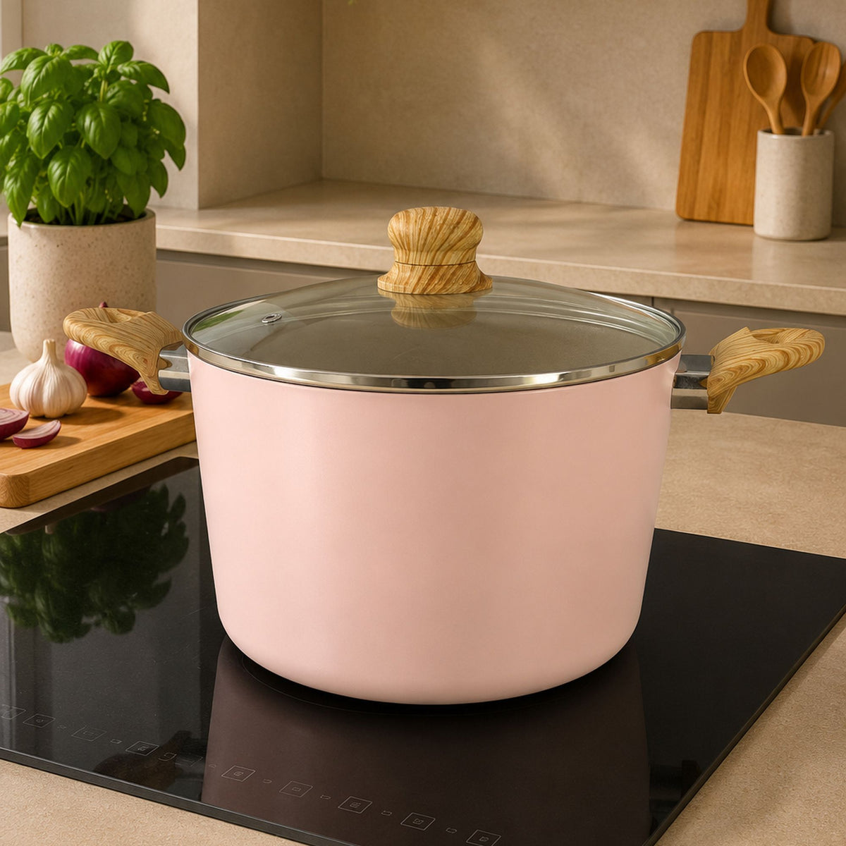 Faitout Colorama 24cm rose pastel avec couvercle en verre et poignées bois, posé sur plaque induction