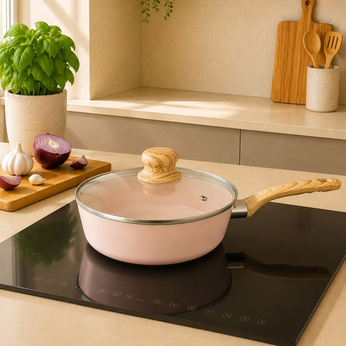 Casserole Colorama rose pâle avec couvercle et poignée bois sur plaque à induction moderne dans cuisine lumineuse