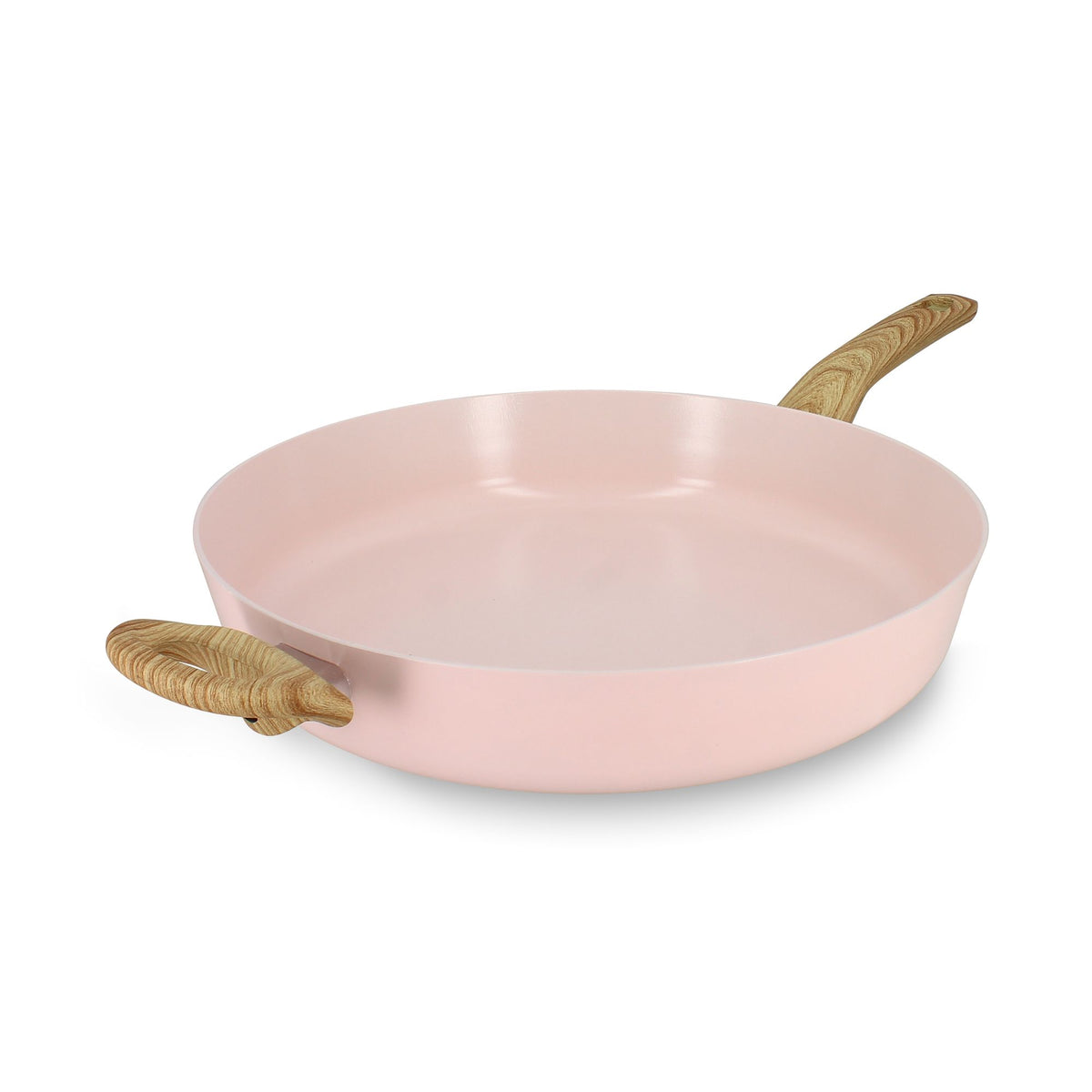 Poêle Colorama 32 cm rose poudré avec deux poignées effet bois, vue de trois quarts sur fond blanc