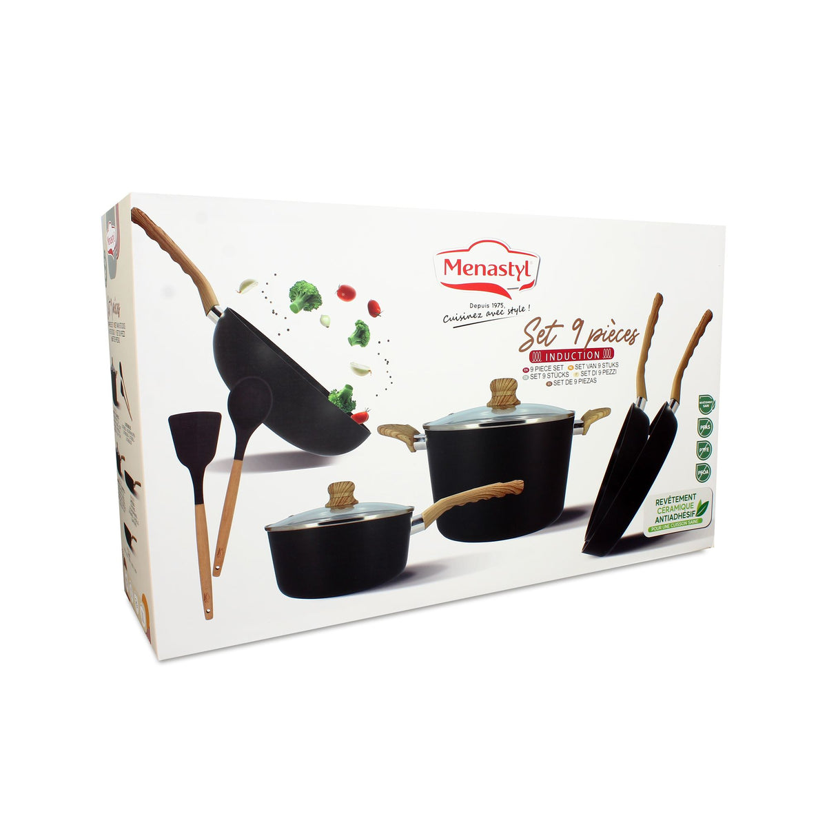 Packaging blanc du set de 9 pièces Colorama noir avec casseroles et ustensiles en aluminium à poignées bois