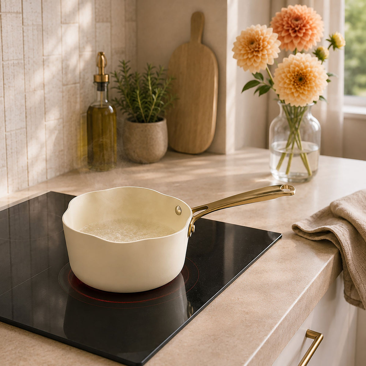 Casserole Dahlia 20 cm beige en aluminium recyclé sur plaque induction dans une cuisine moderne avec fleurs