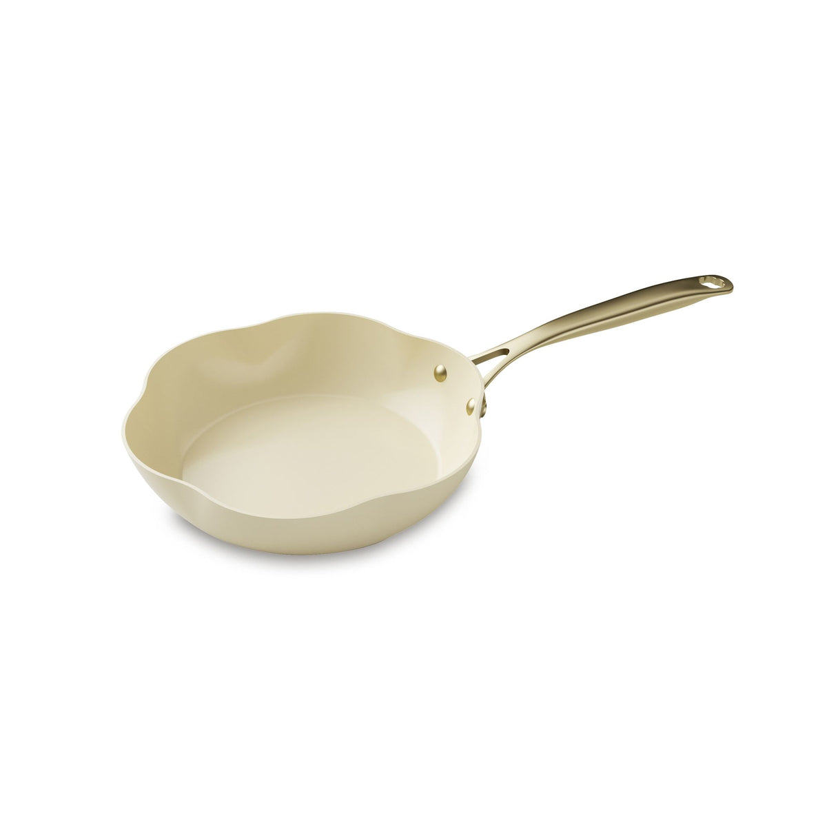 Poêle Dahlia 20 cm beige en aluminium recyclé Menastyl, vue de trois quarts avec manche doré