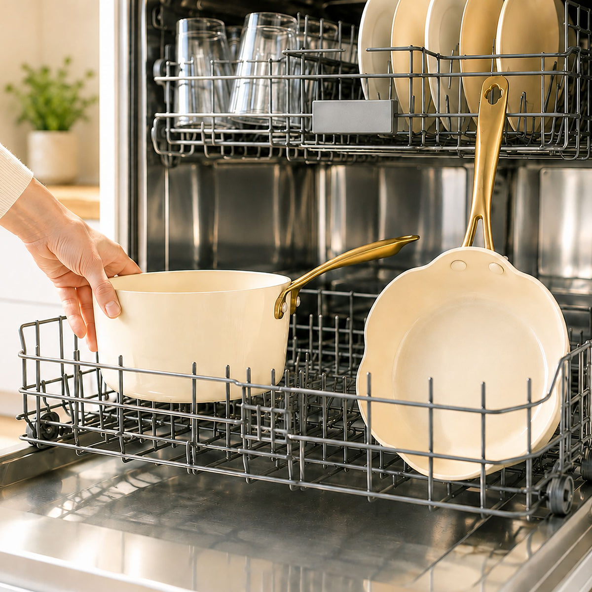 Poêle Dahlia beige et casserole en aluminium recyclé dans un lave-vaisselle ouvert, image d'utilisation