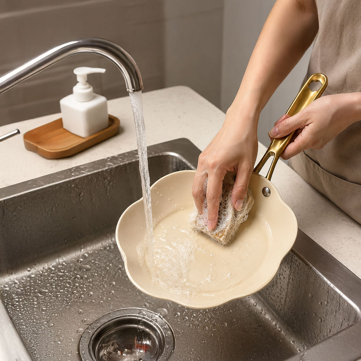 Lavage à la main de la poêle Dahlia 28 cm beige sous l'eau avec une éponge, entretien facile