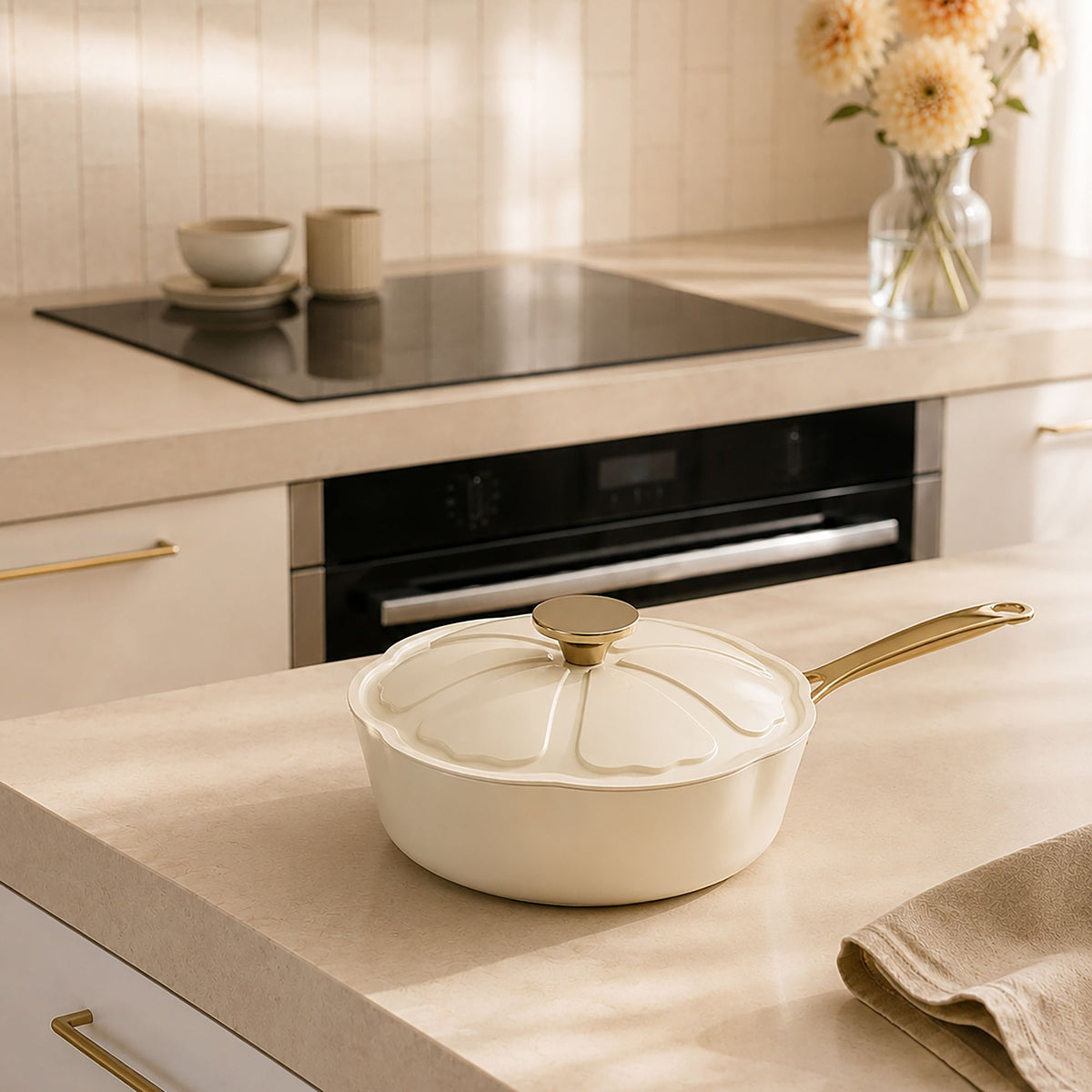 Sauteuse Dahlia 24 cm beige avec couvercle transparent et poignée dorée, posée sur plan de travail cuisine moderne