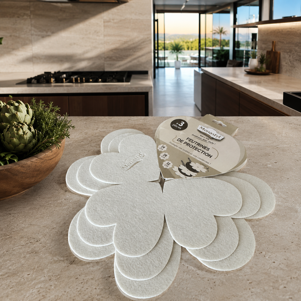 Lot de 3 intercalaires de cuisson 24/28/32 cm en feutrine crème
