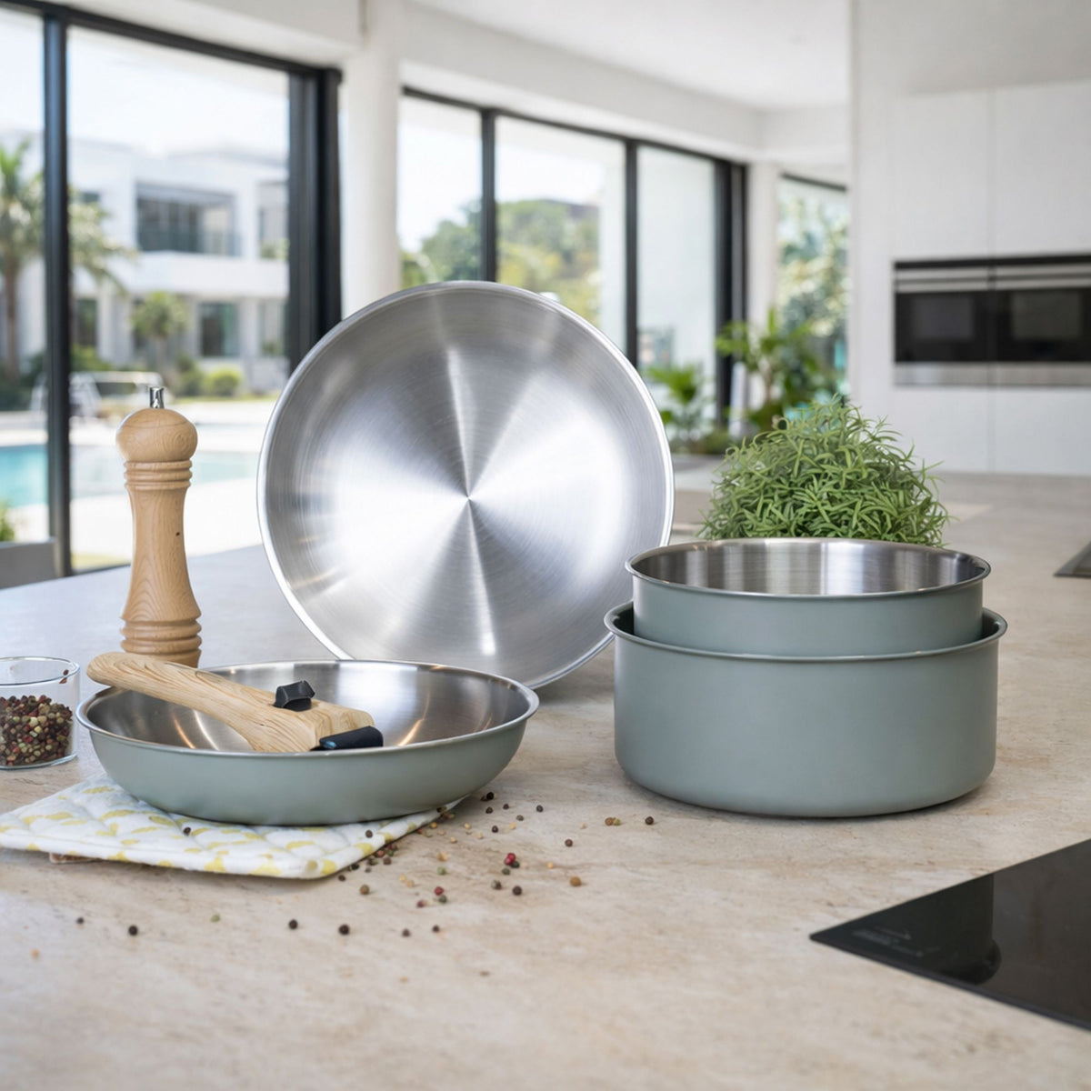 Set de 5 pièces Easynox Amovible en inox et aluminium vert sauge, disposé sur plan de travail dans cuisine moderne