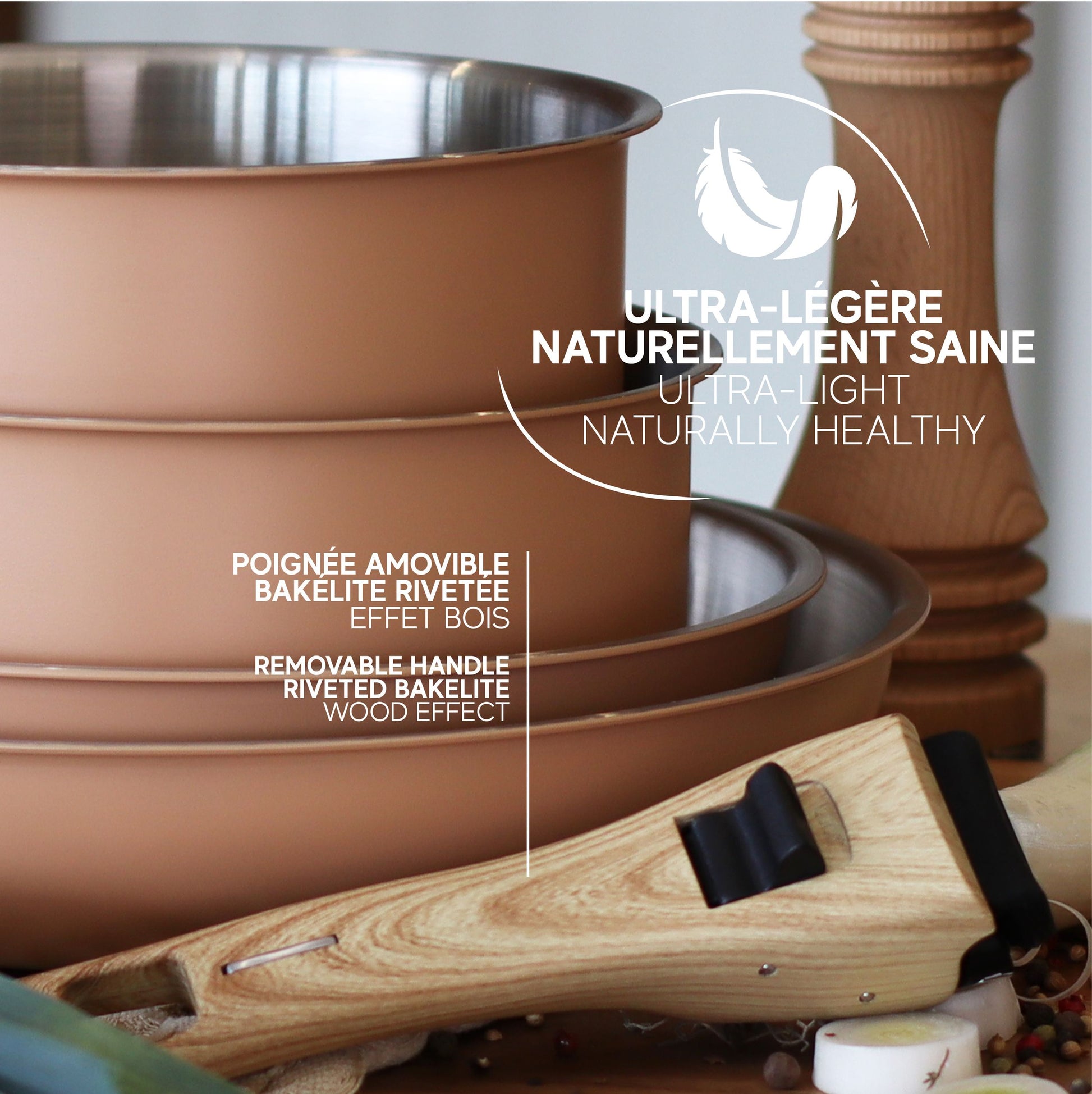 Détail poignée amovible bois et bakelite riveted du set Easynox, casseroles cuivre inox empilées