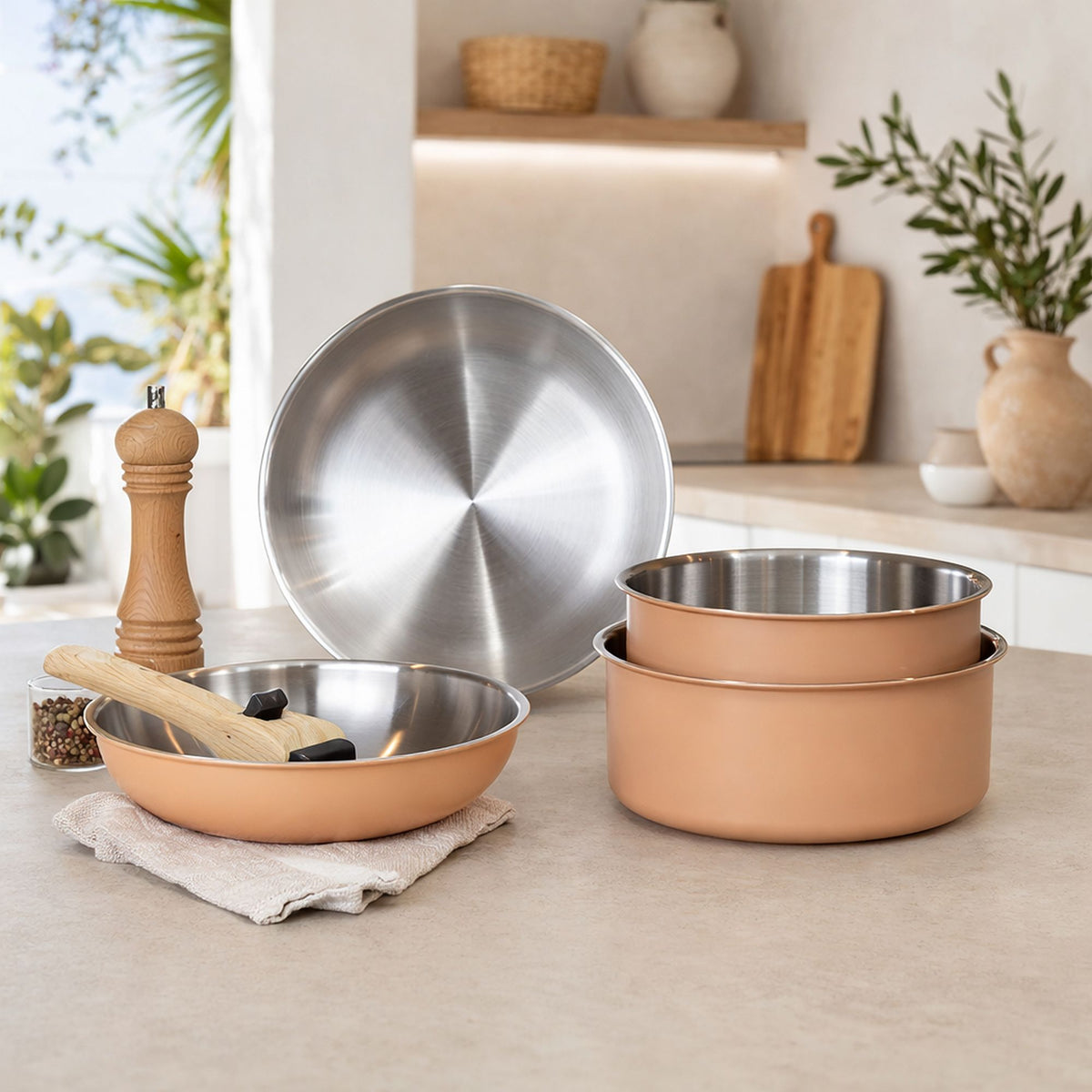 Set de 5 pièces Easynox avec casseroles et poêle cuivre mat, intérieur inox, disposition cuisine lumineuse