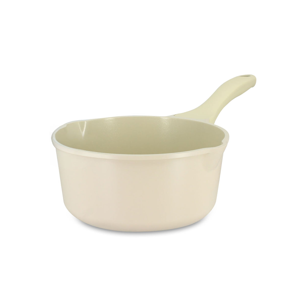Casserole Pure Menastyl 20cm crème en fonte d'aluminium recyclé, vue de trois quarts sur fond blanc