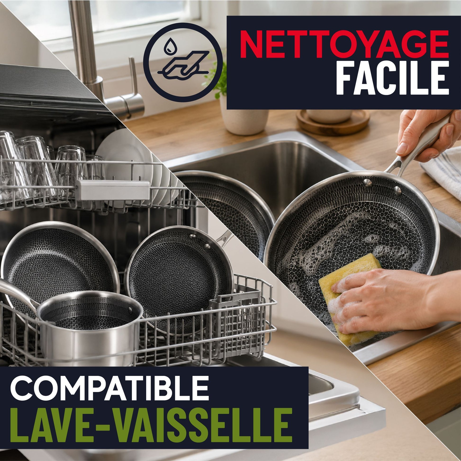 Poêle Trinox antiadhésive compatible lave-vaisselle, démonstration du nettoyage facile au lave-vaisselle et à la main
