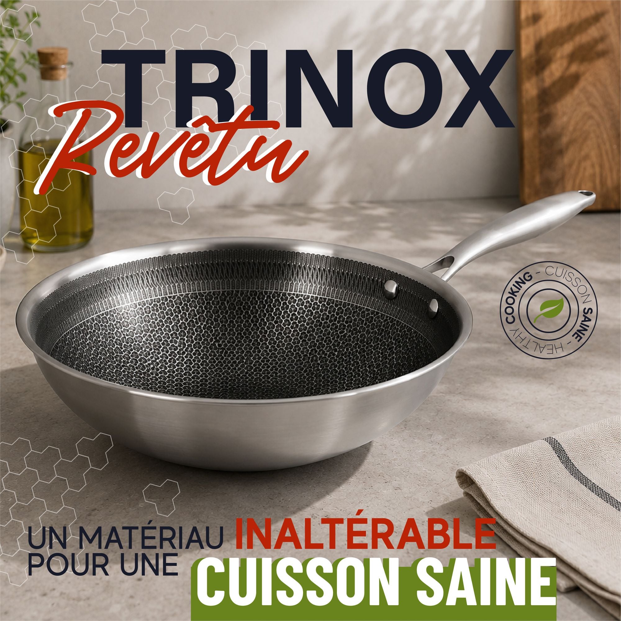 Wok Trinox Ø28 cm en acier inoxydable avec revêtement antiadhésif sans PFAS