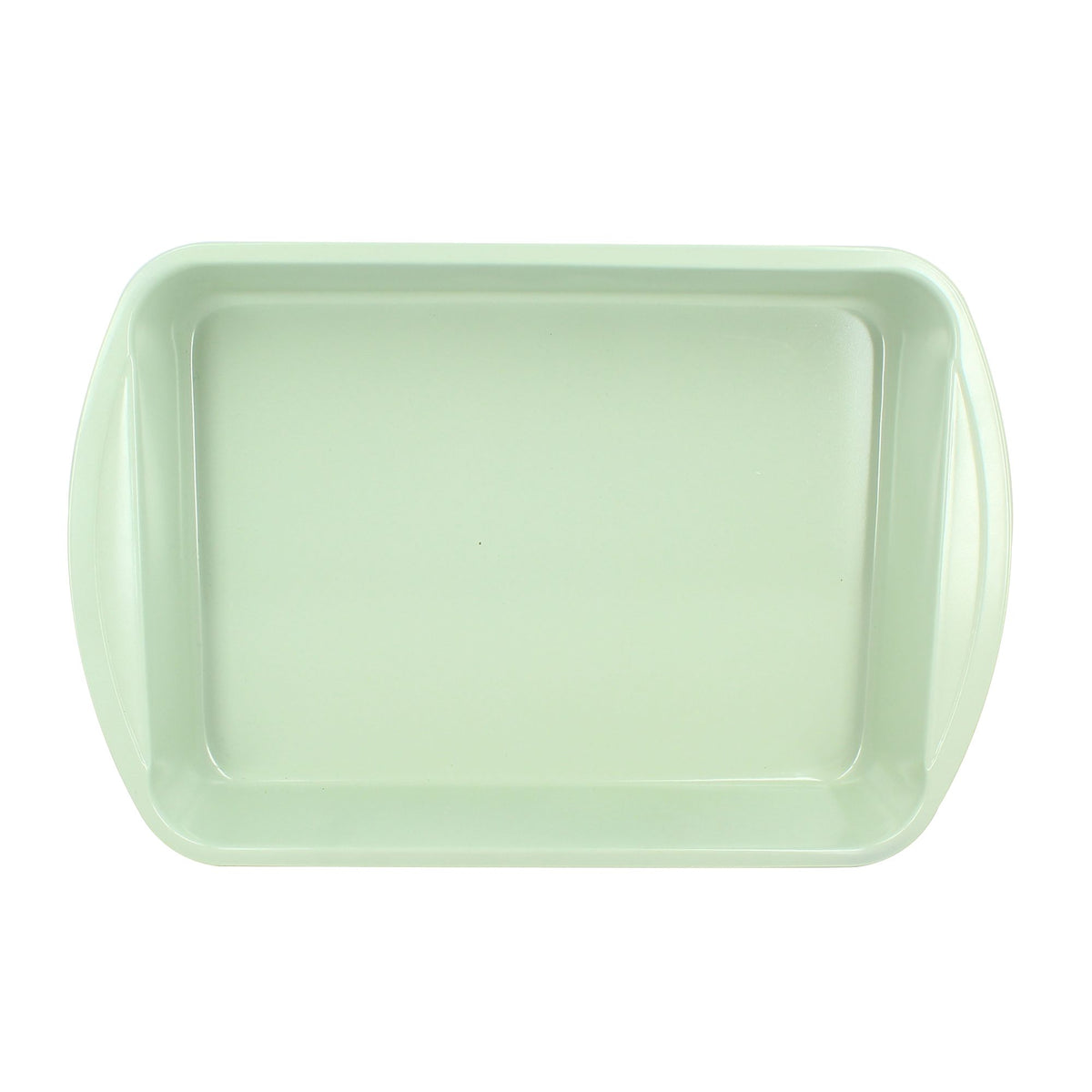 Vue de dessus plat à rôtir rectangulaire en acier carbone, intérieur céramique antiadhésive vert pastel, fond vide