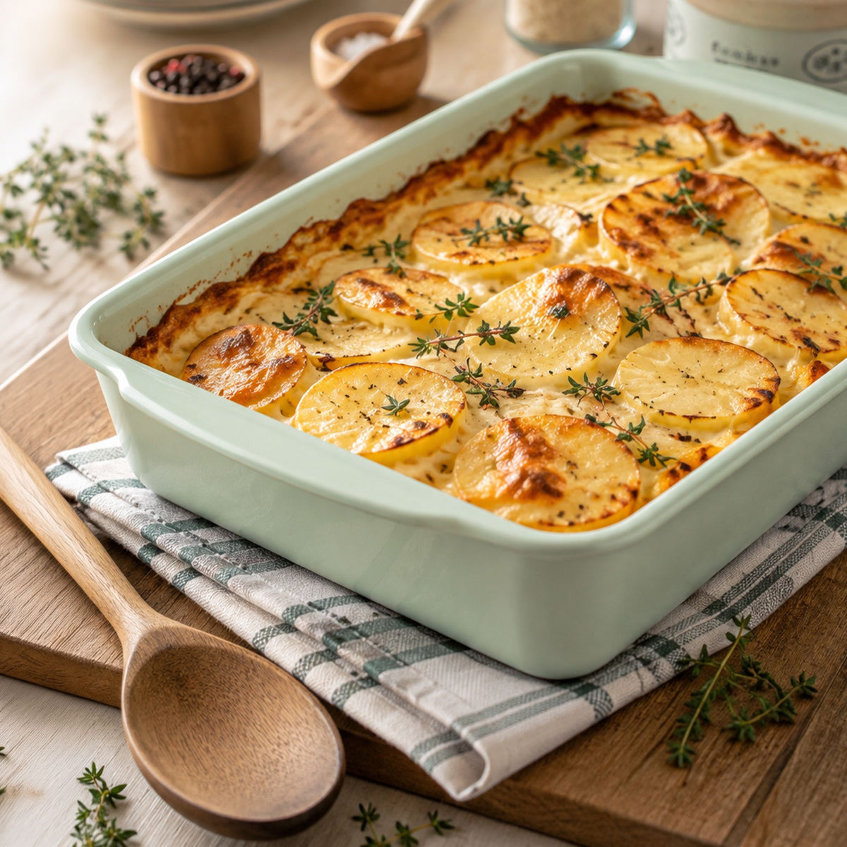 Plat à rôtir en acier carbone avec gratin de pommes de terre doré au thym frais, vue de trois-quarts sur fond bois