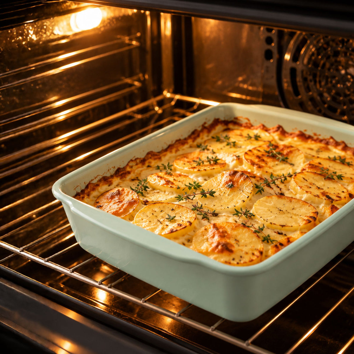 Plat à rôtir en acier carbone avec gratin de pommes de terre doré au thym, dans un four allumé