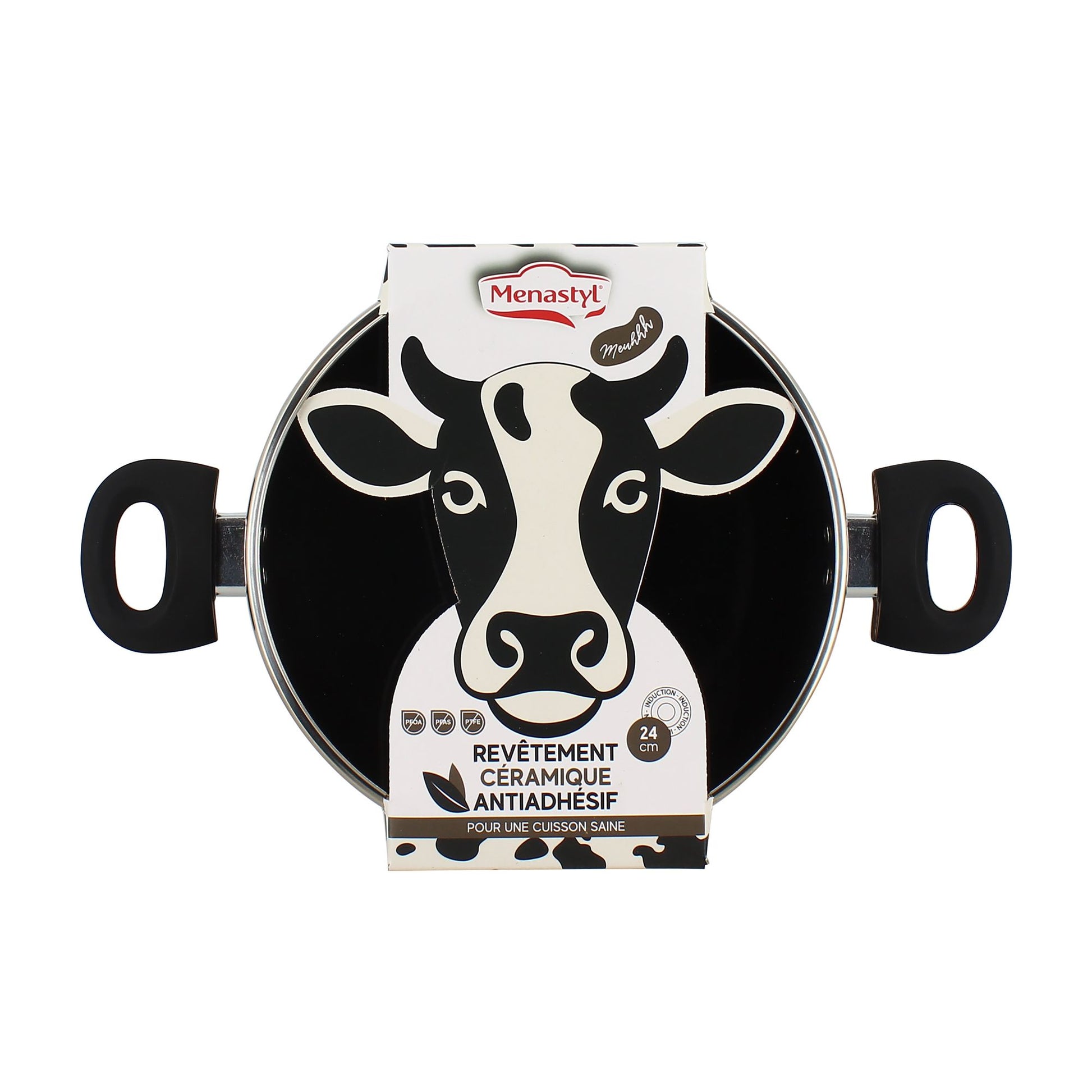 Faitout 24cm motif vache noir et blanc avec deux poignées, vue de face avec packaging