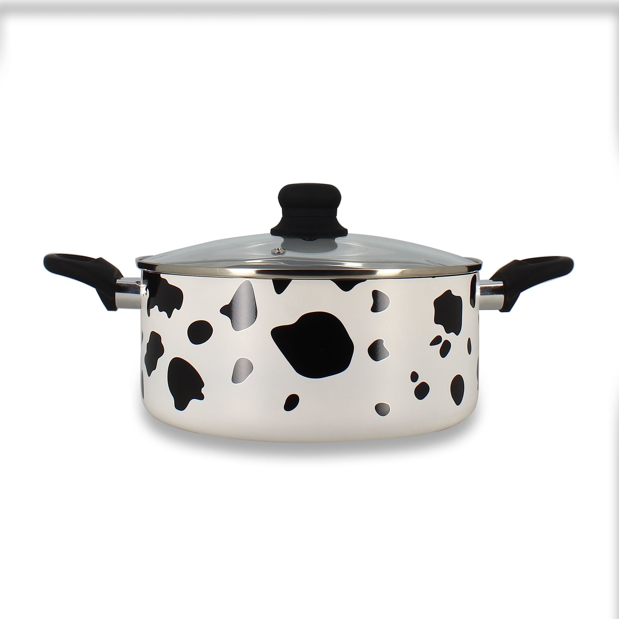 Faitout vache 24cm Menastyl en aluminium motif noir et blanc avec couvercle en verre et poignées noires