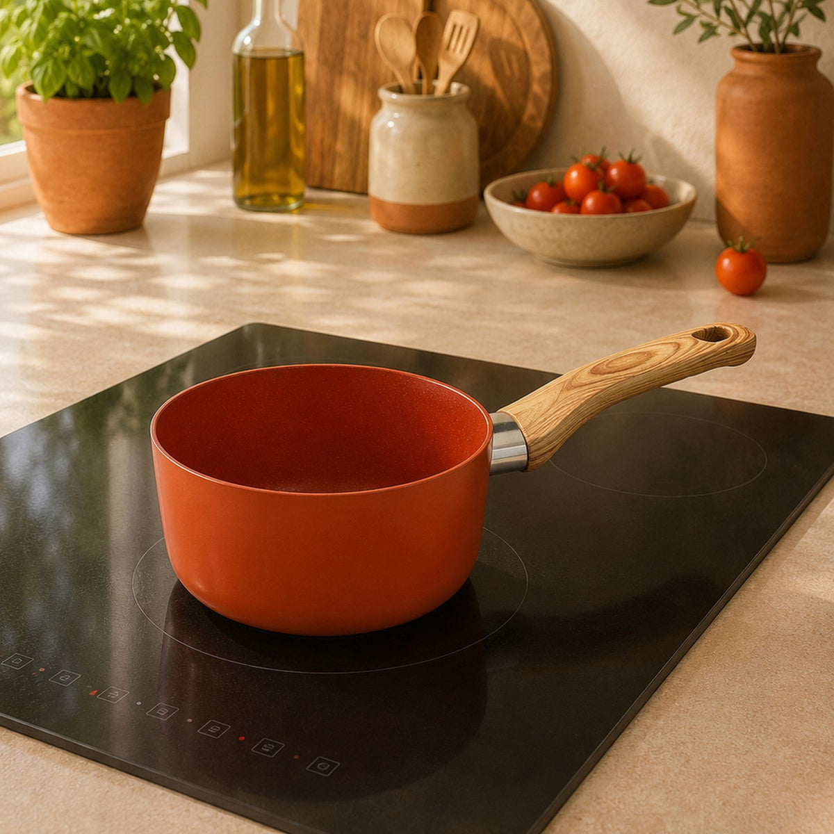 Casserole Colorama 16 cm orange sur plaque induction dans cuisine moderne avec tomates et herbes aromatiques